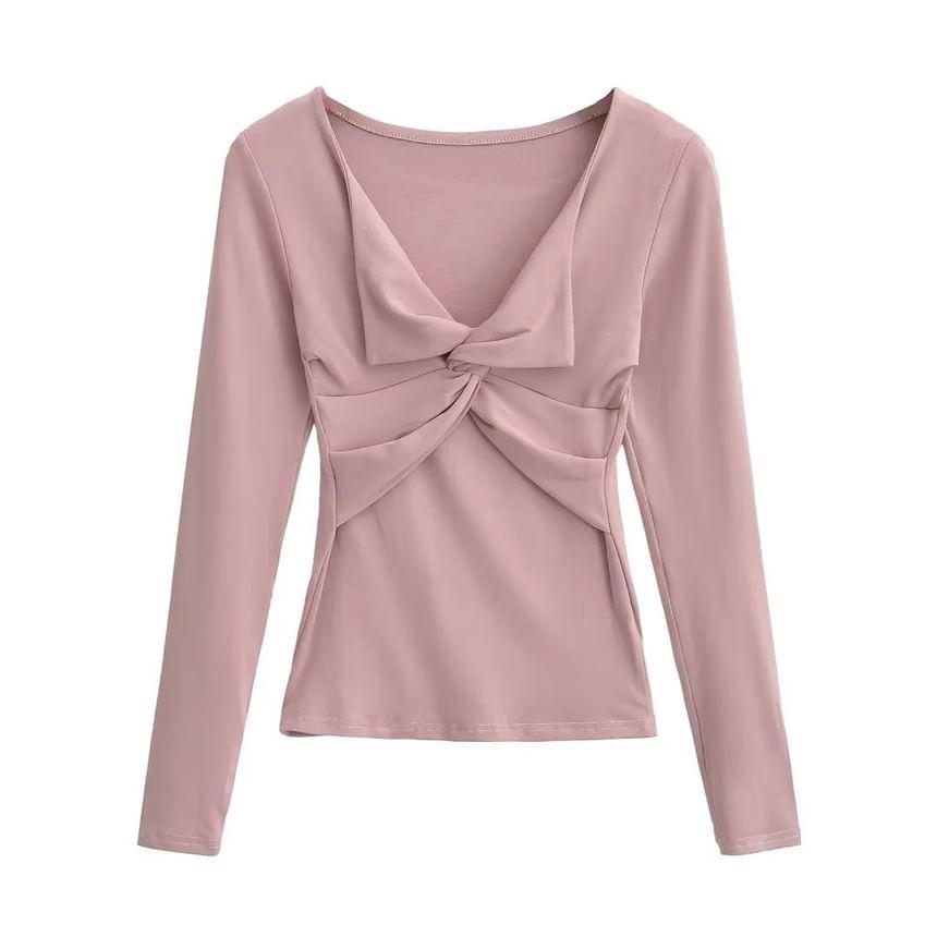 Long-Sleeve V-Neck Plain Knotted T-Shirt Product Image