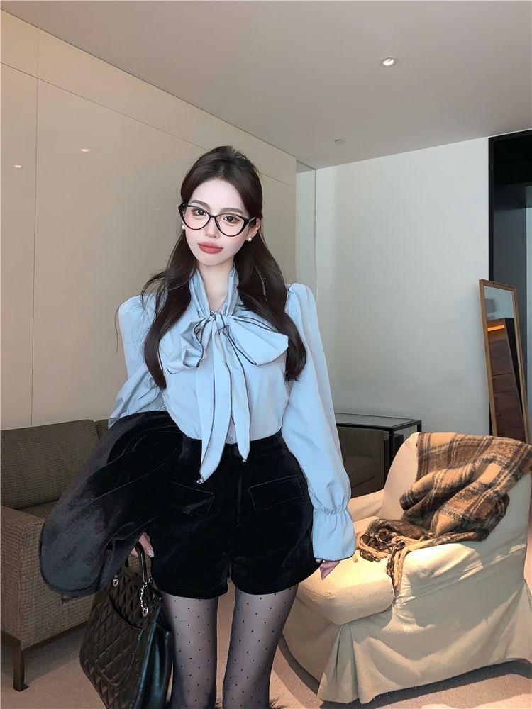 Long-Sleeve Tie-Neck Plain Blouse / Collarless Velvet Single-Breasted Blazer / Elastic Waist Shorts Product Image