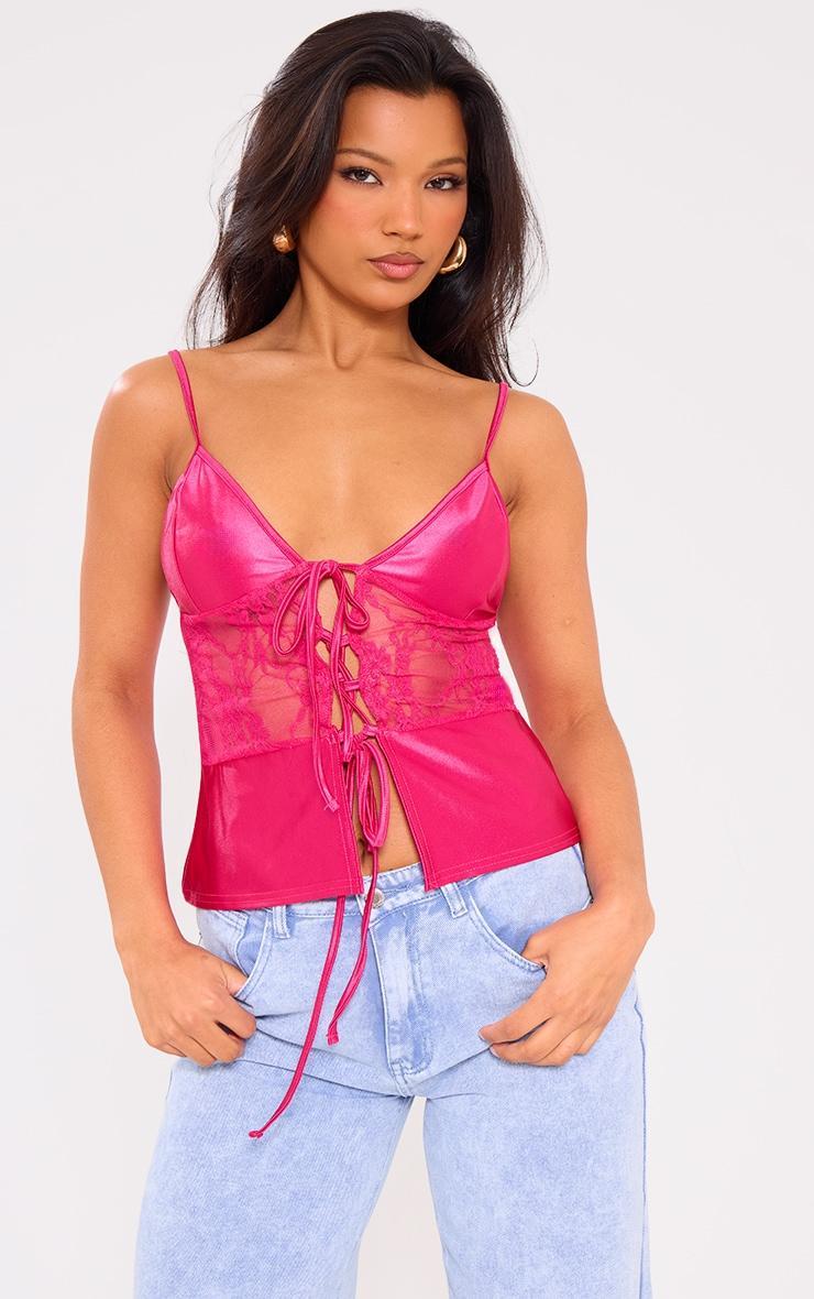 Hot Pink Satin & Lace Mix Cami Top Product Image