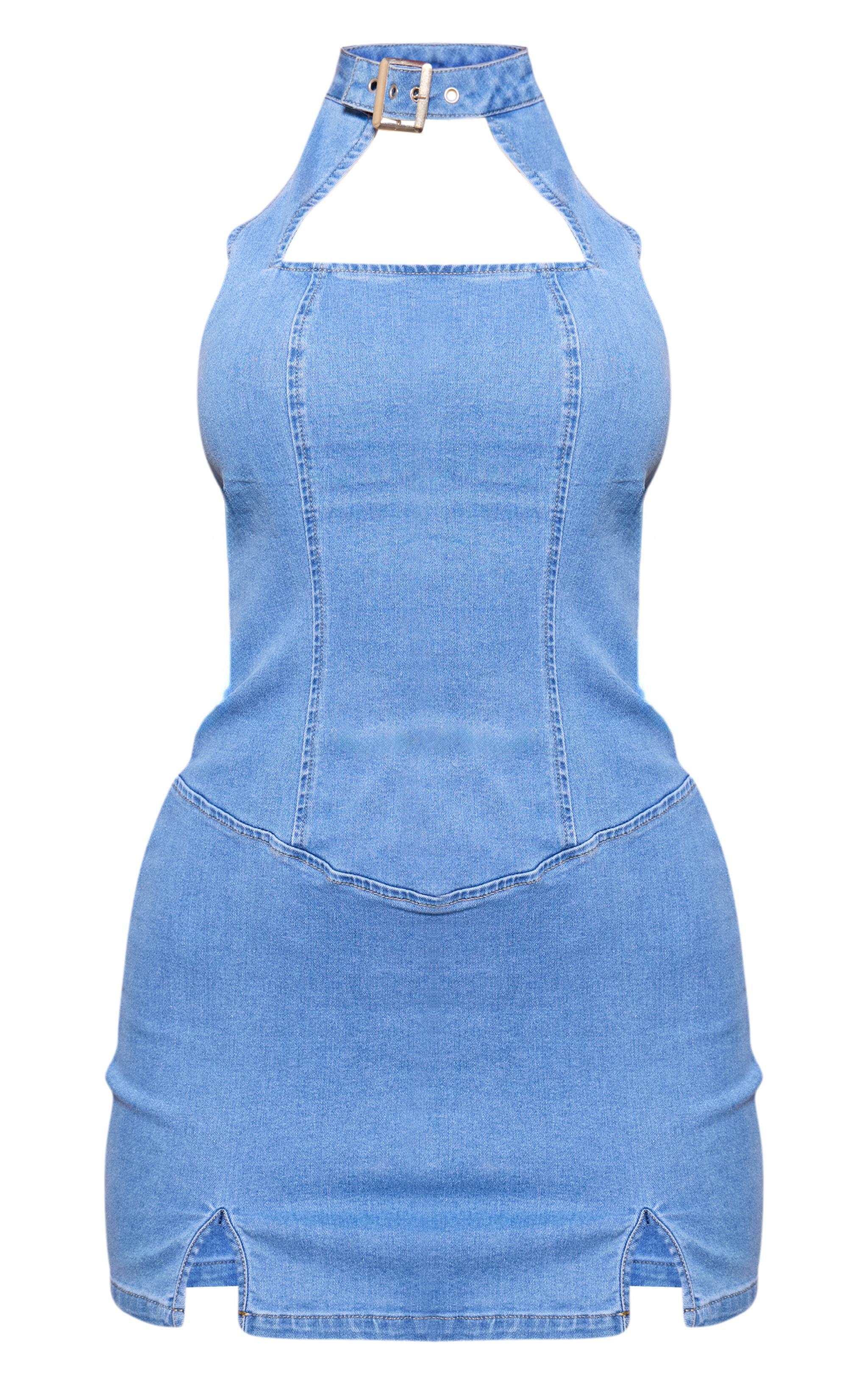 Mid Blue Wash Neck Detail Denim Mini Dress Product Image