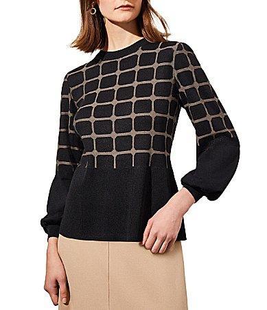 Ming Wang Soft Knit Checkered Print Crew Neck 34 Sleeve Contrasting Trim Tunic Product Image