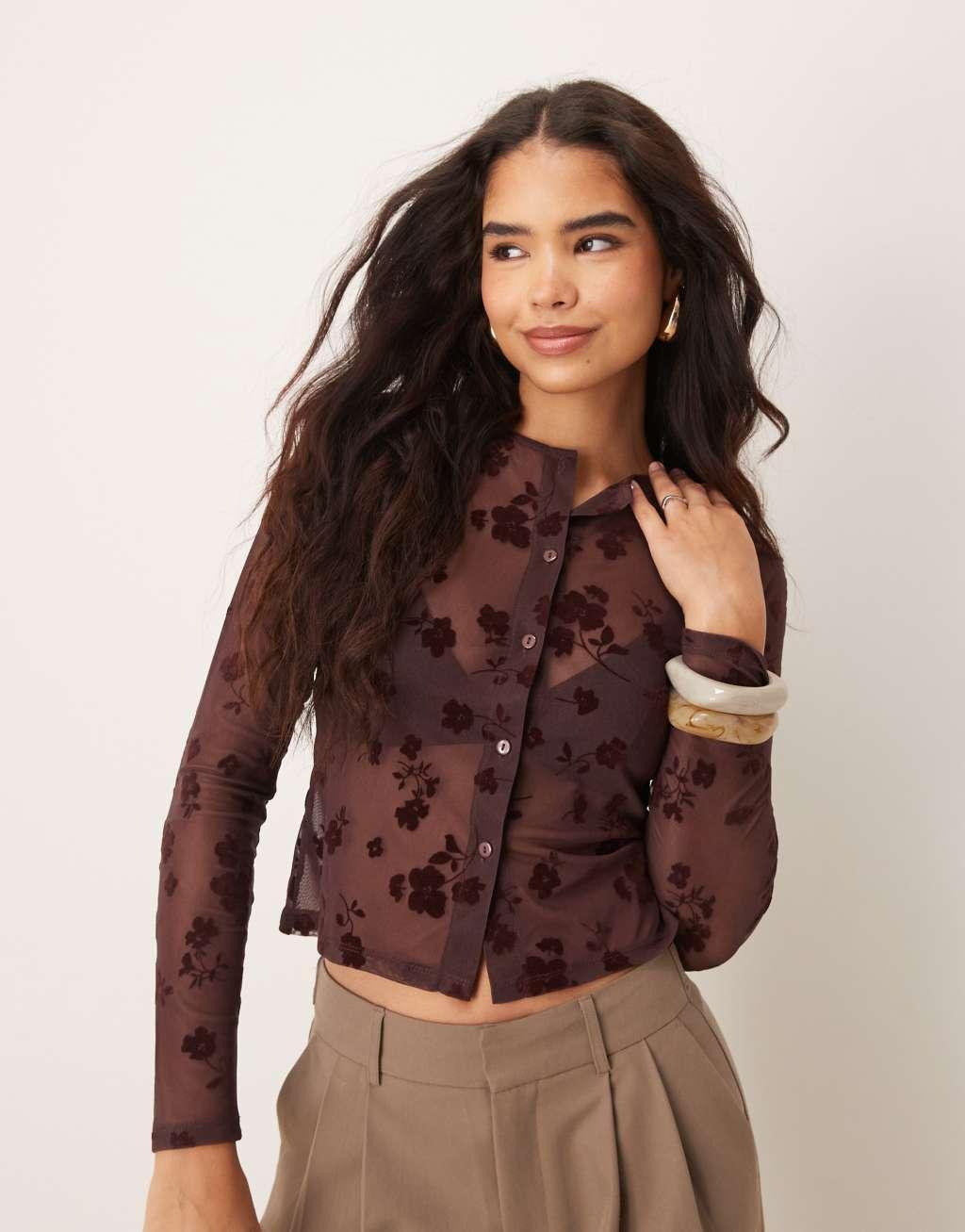 ASOS DESIGN flocked shrunken mesh cardigan in brown Product Image