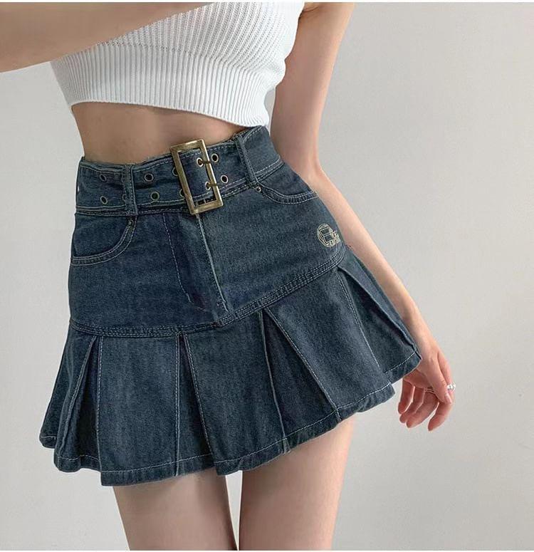 High Rise Belted Denim Mini A-Line  Skirt Product Image