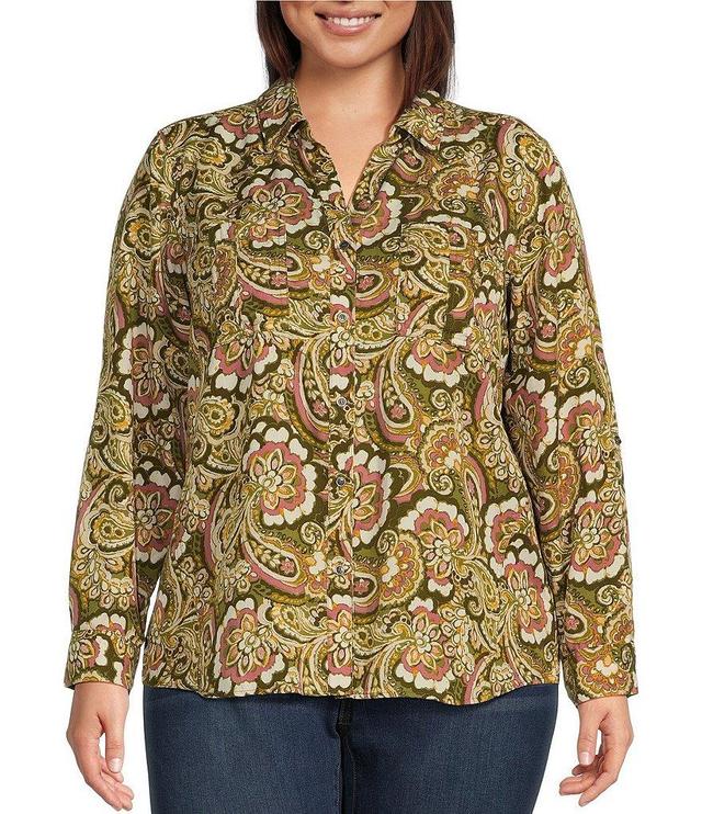 Westbound Plus Size Woven Long Roll-Tab Sleeve Point Collar Y-Neck Button Front Shirt Product Image