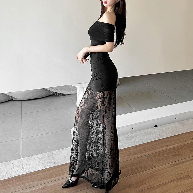 High Waist Plain Lace Panel Maxi Fishtail Skirt Product Image