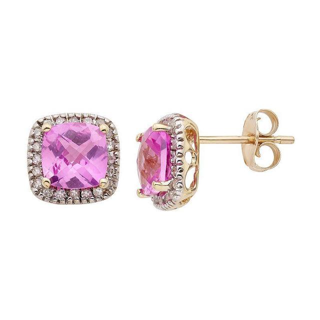 Lab-Created Pink Sapphire and 1/6 Carat T.W. Diamond 10K Gold Halo Button Stud Earrings, Womens, White Product Image