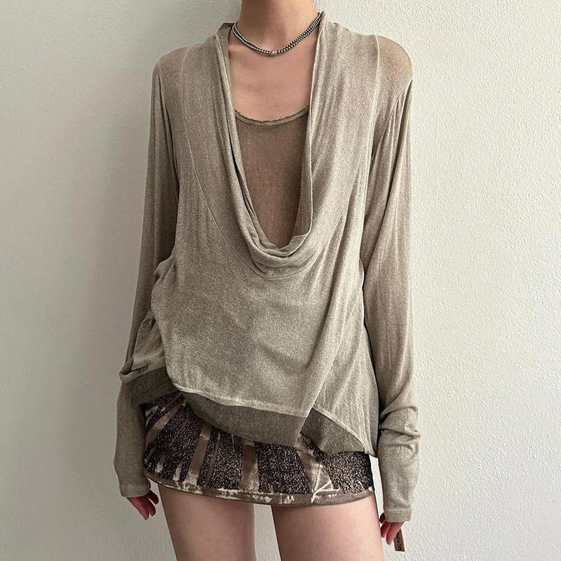 Mock Two Pieces Long Sleeve Cowl Neck Top Product Image