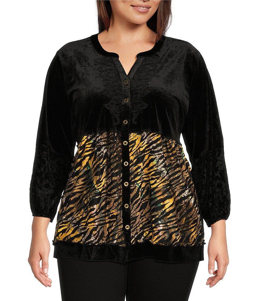 Calessa Plus Size Embroidered Velvet Tiered Patchwork Print Split V-Neck 3/4 Sleeve Tunic product image