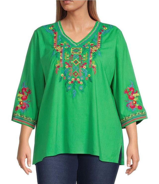 Calessa Plus Size Woven Embroidered V Neck 3/4 Sleeve Straight Hem Pullover Tunic Product Image