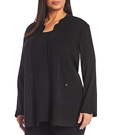 Ming Wang Plus Size Long Sleeve Shoulder Pad Banded Collar Jacket Product Image