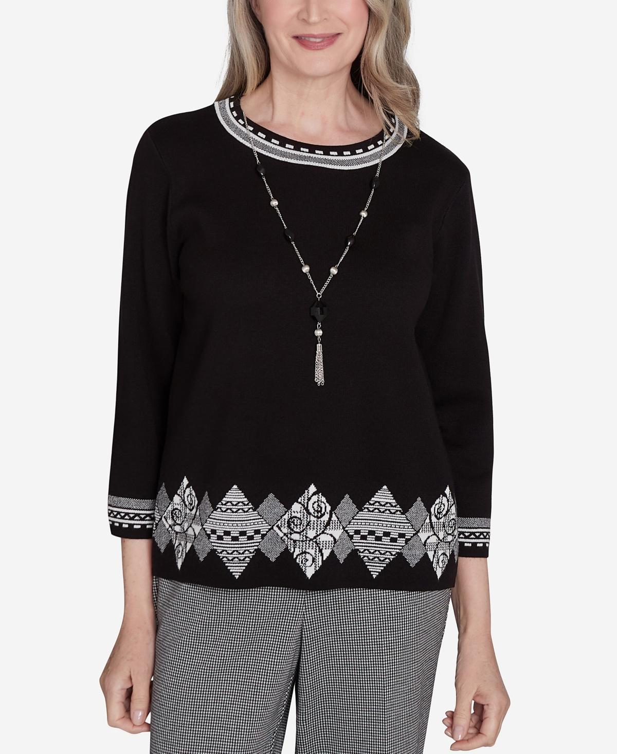 Alfred Dunner Runway Ready Womens Diamond Border Crew Neck Top With A Detachable Necklace Product Image