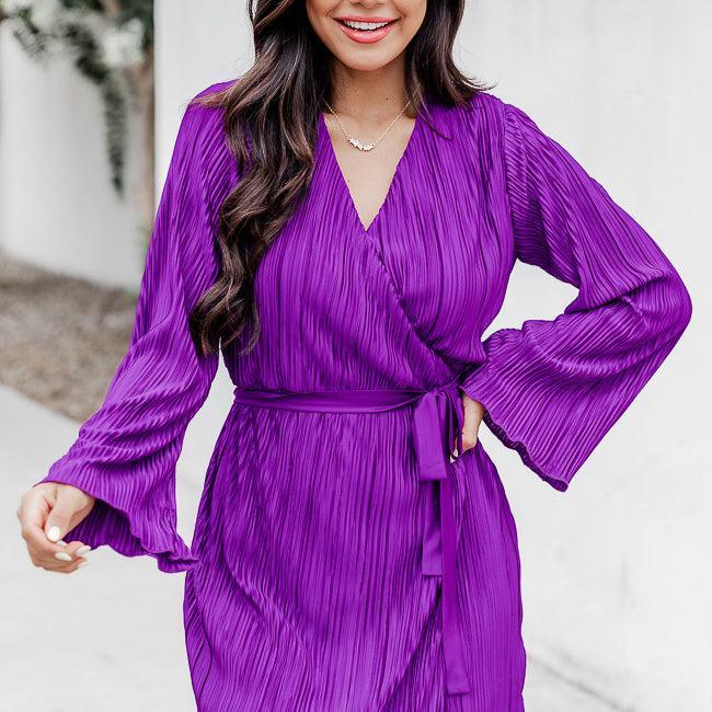 Through The Night Purple Plisse Mini Wrap Dress FINAL SALE Product Image