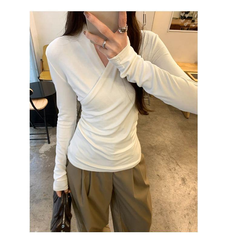 Long Sleeve V-Neck Plain Ruched Wrap T-Shirt Product Image