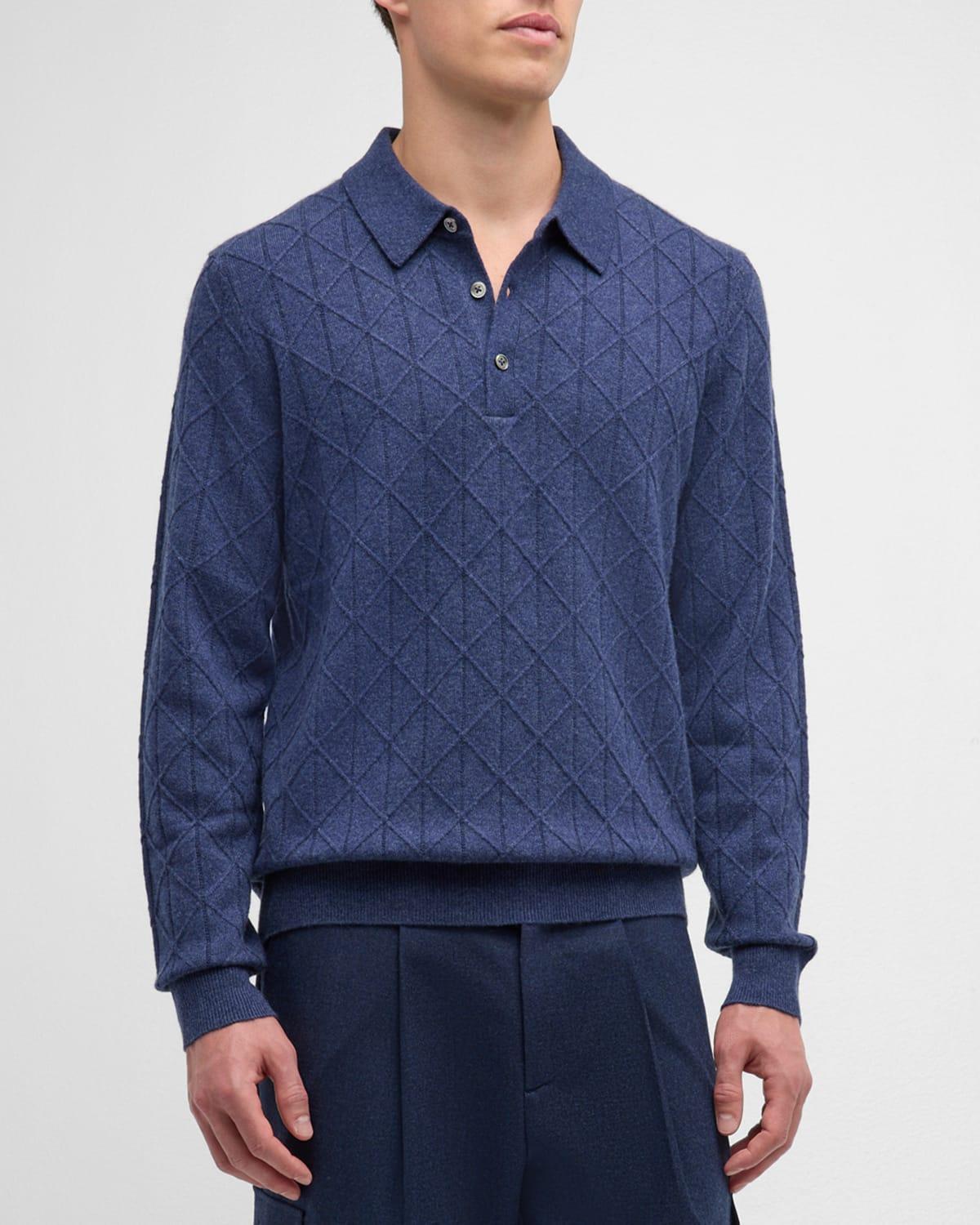 Men's Cashmere Ribbed Diamond Stitch Overlay Polo  Product Image