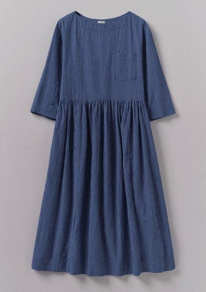 Check Crinkle Cotton Boat Neck Dress | Cobalt Product Image