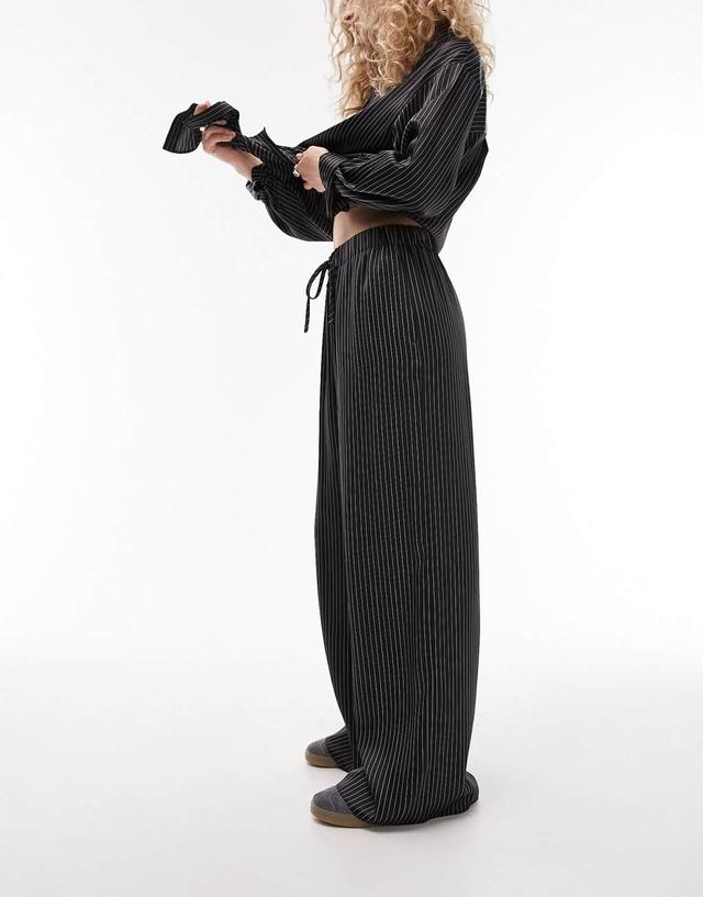 Topshop pin stripe printed satin wide leg pants in black - part of a set Product Image