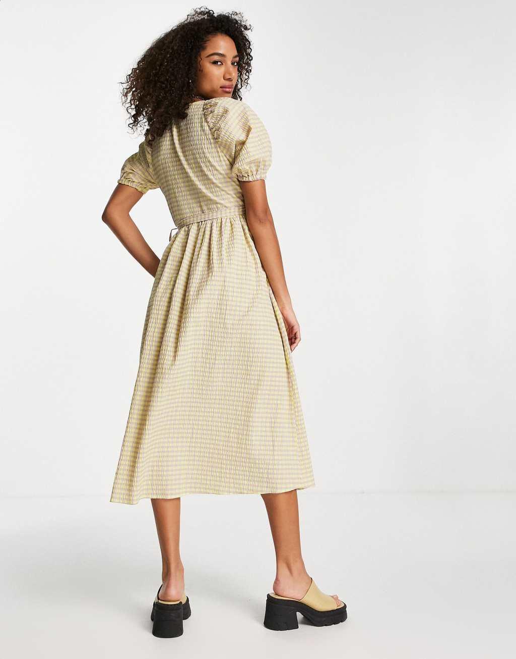 Topshop seersucker check wrap dress in lime and lilac Product Image