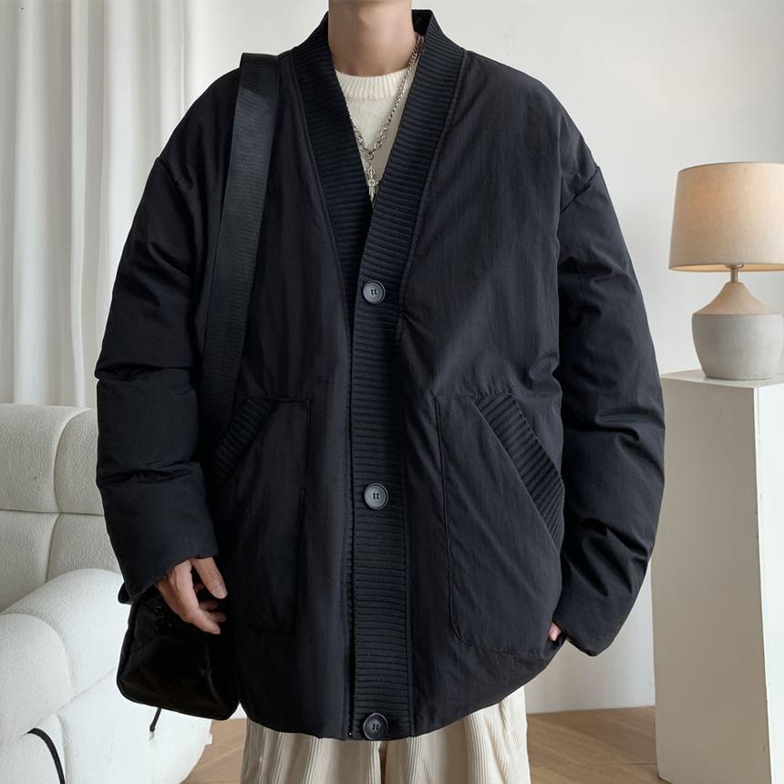 V-Neck Button-Up Padded Jacket Product Image