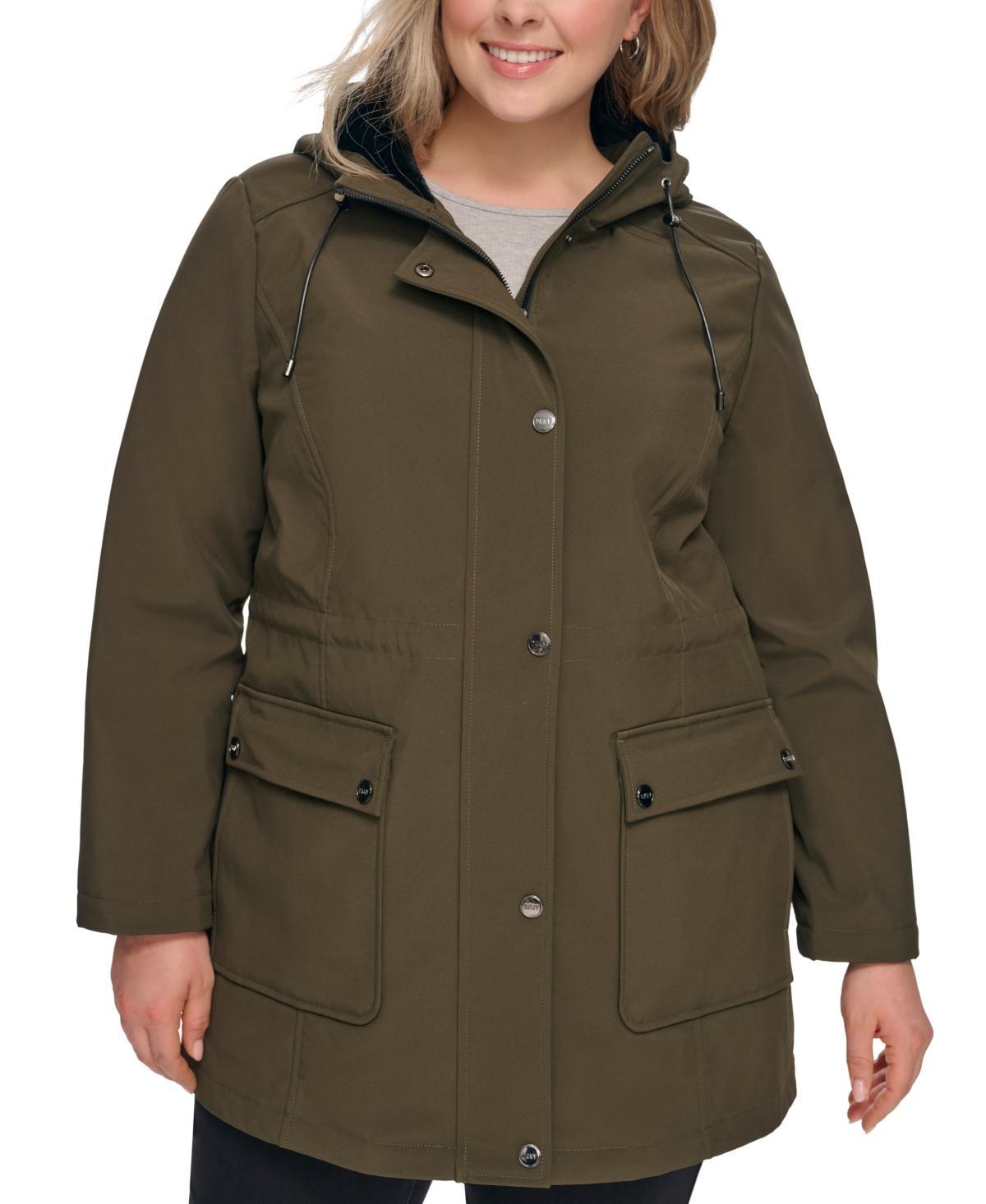 Dkny Womens Plus Size Drawstring-Hood Snap-Front Anorak Raincoat Product Image