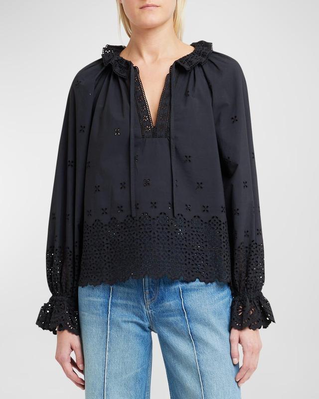 Ulla Johnson Alora Ruffle Eyelet Tie Neck Top Product Image