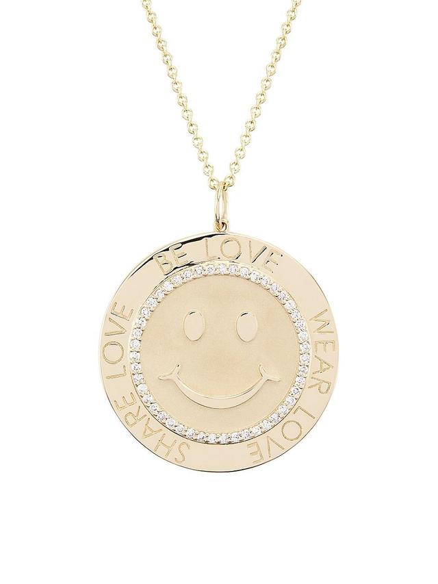 Womens 14K Yellow Gold & Diamond Happy-Face-Coin Pendant Necklace Product Image