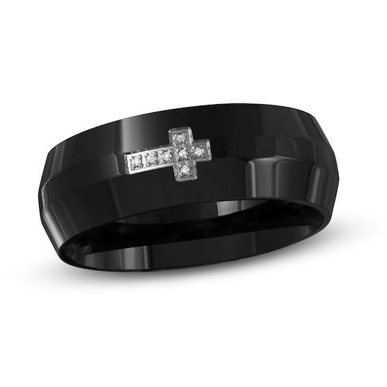 Men's Diamond Accent Sideways Cross Wedding Band in Black IP Stainless Steel Product Image