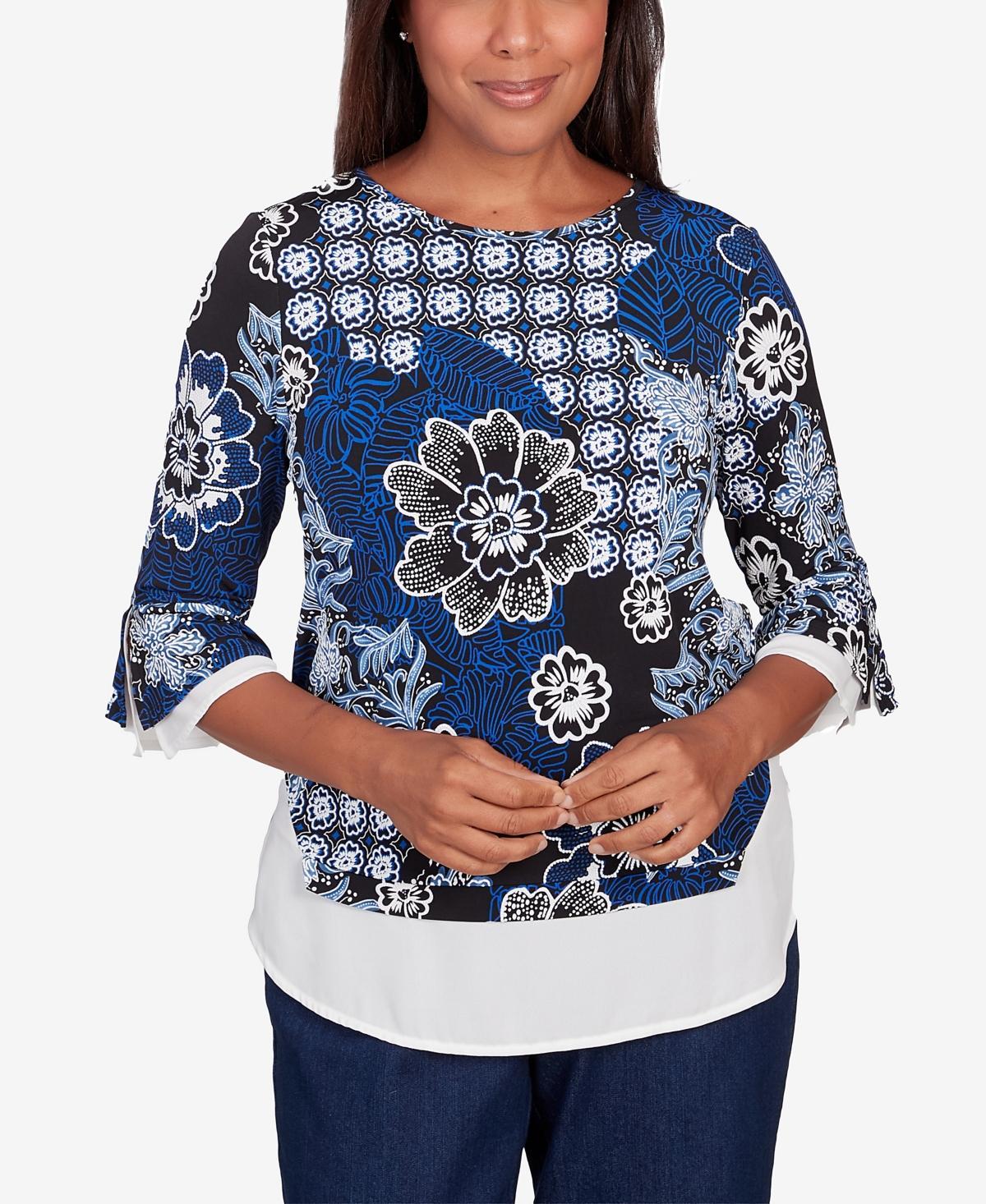 Plus Size Alfred Dunner Floral Flutter-Sleeve Top with Woven Trim, Womens Multi Product Image