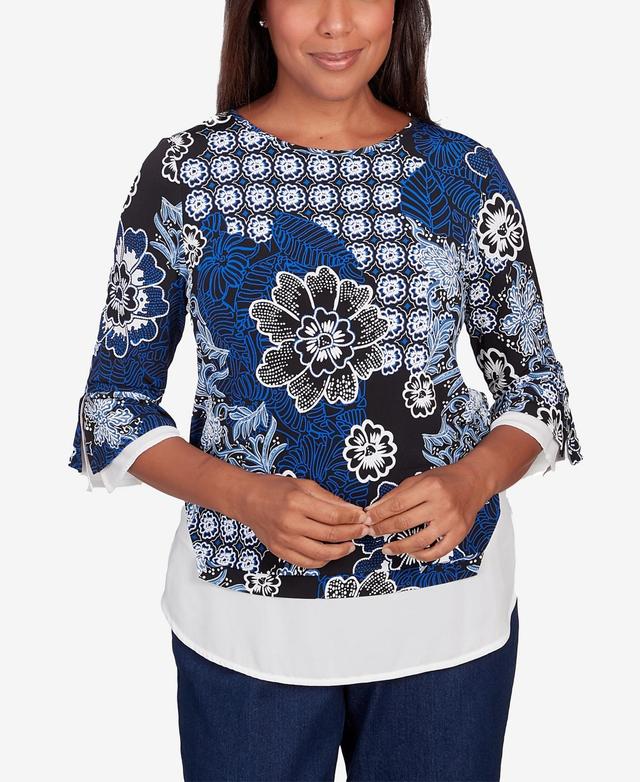 Alfred Dunner Plus Size Downtown Vibe Floral Flutter Sleeve Top with Woven Trim Product Image