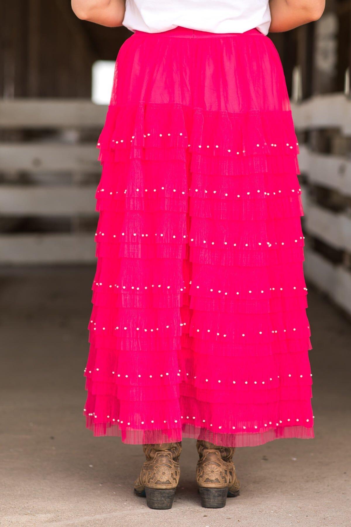 Hot Pink Tulle Midi Skirt With Pearl Detail Product Image