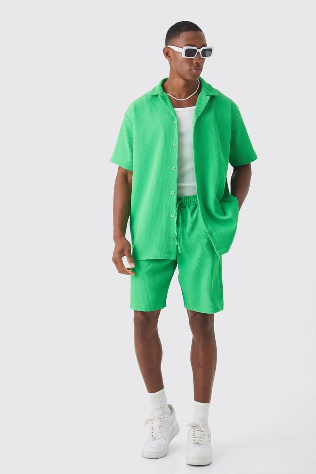 Oversized Short Sleeve Pleated Shirt And Short Set | boohooMAN USA Product Image