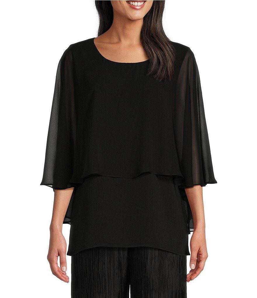 Caroline Rose Matte Crepe Scoop Neck 3/4 Sleeve Georgette Overlay Capelet Top Product Image