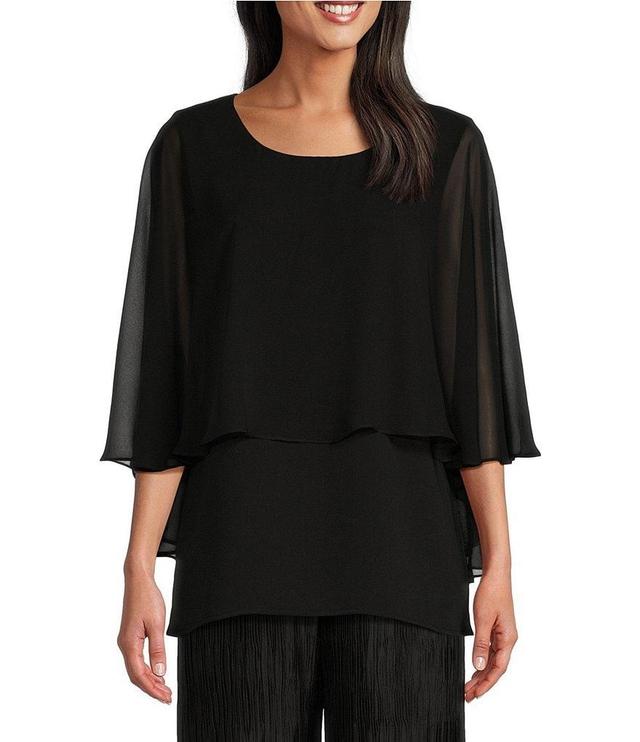 Caroline Rose Matte Crepe Scoop Neck 3/4 Sleeve Georgette Overlay Capelet Top Product Image