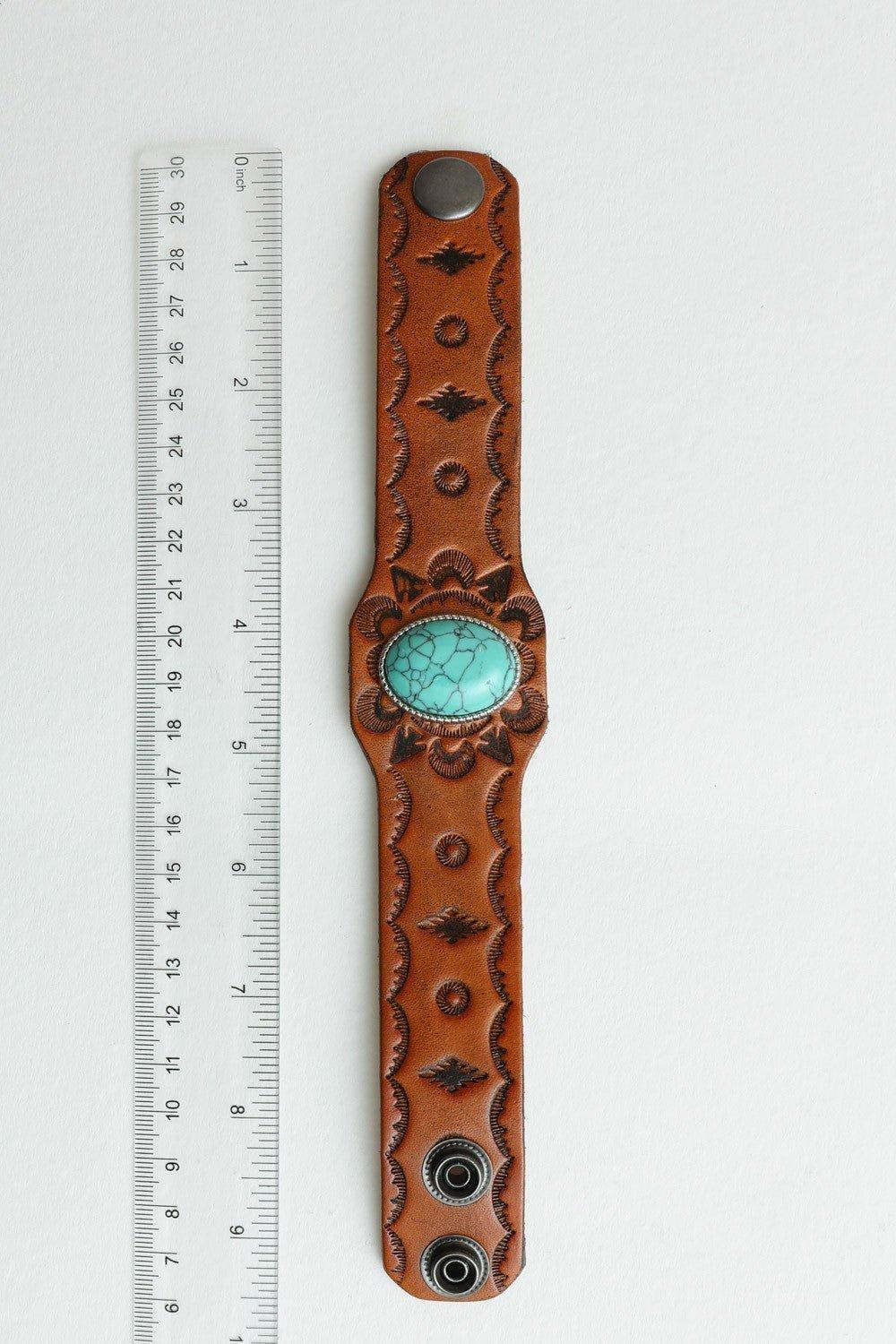 Boho Leather & Turquoise Cuff Bracelet Product Image