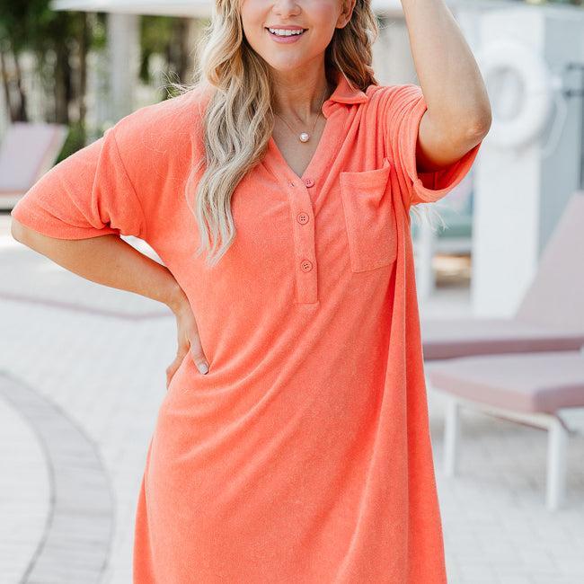 We're Better Together Coral Terry Button Front T-Shirt Dress FINAL SALE Product Image