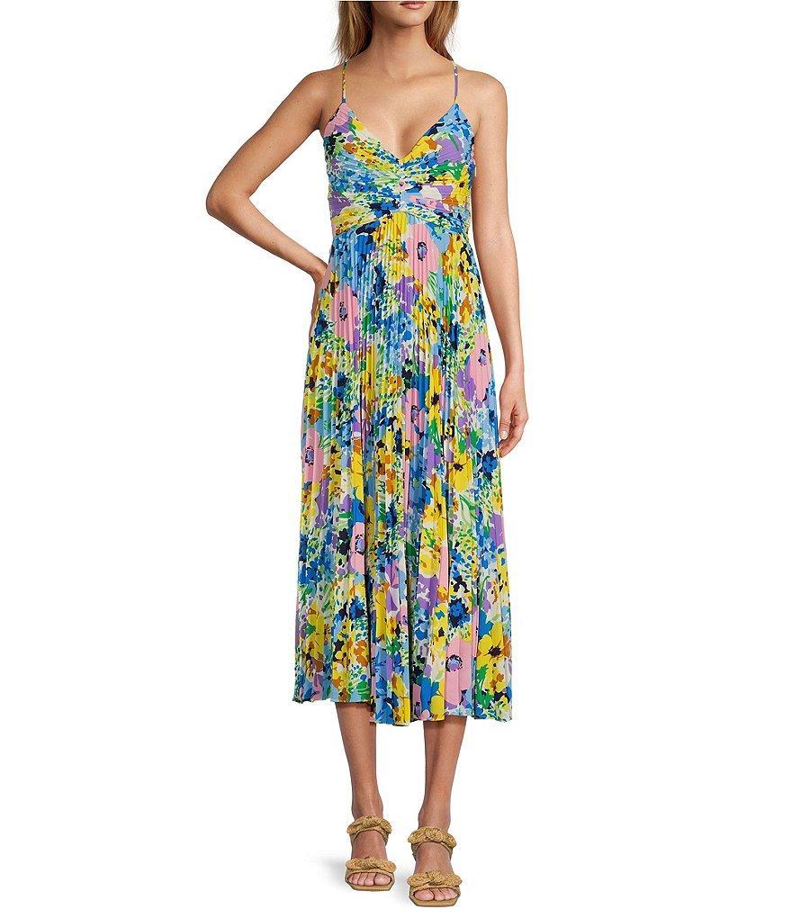 ASTR the Label Blythe Bright Floral Print V-Neck Sleeveless Pleated Midi Dress Product Image