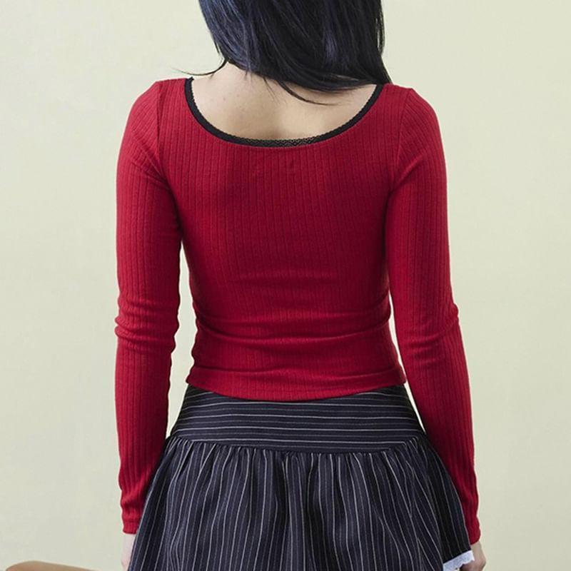 Long-Sleeve Scoop Neck Two Tone Crop Knit Top Product Image