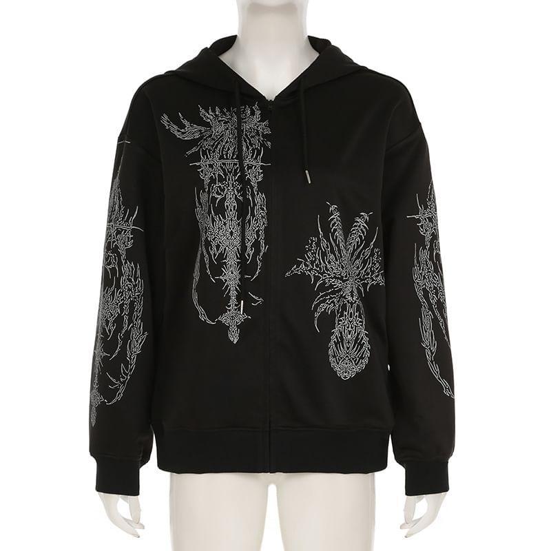 Drawstring Drop Shoulder Print Zip Hoodie Product Image