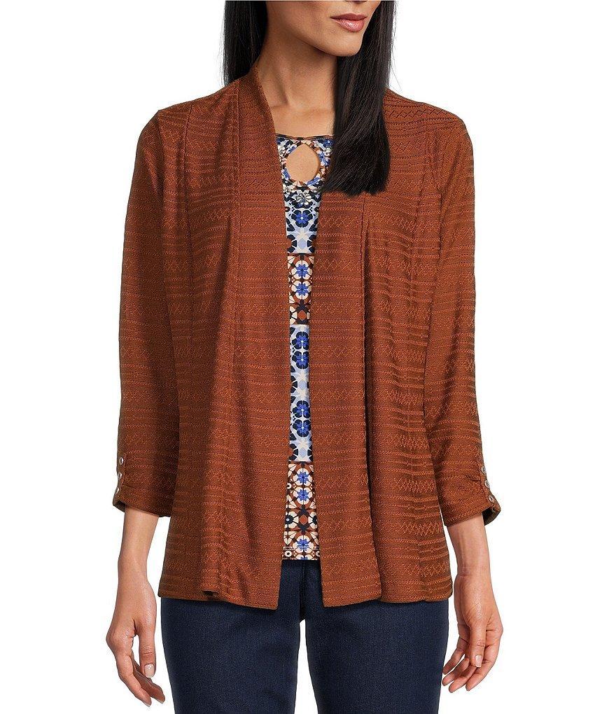 Allison Daley 3/4 Ruched Sleeve Open Front Pointelle Knit Cardigan product image