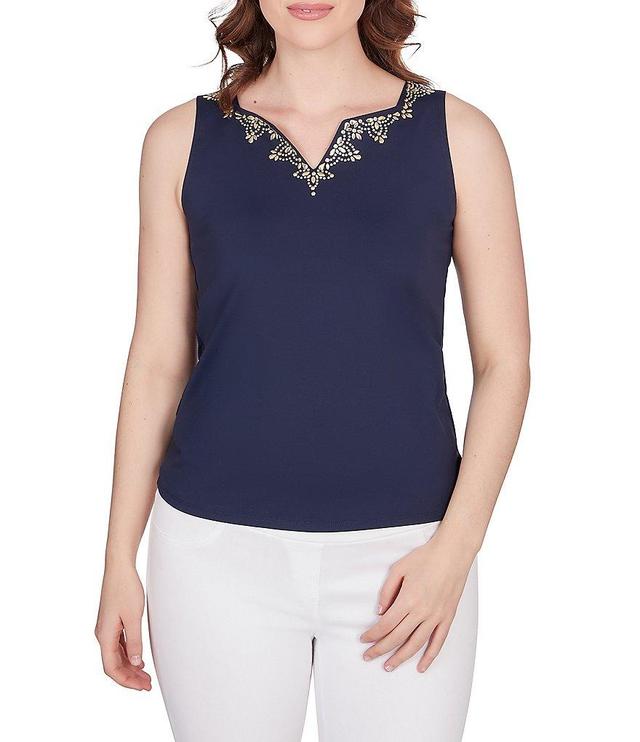 Ruby Rd. Petite Size Knit Embellished Notch V-Neck Sleeveless Tank Product Image