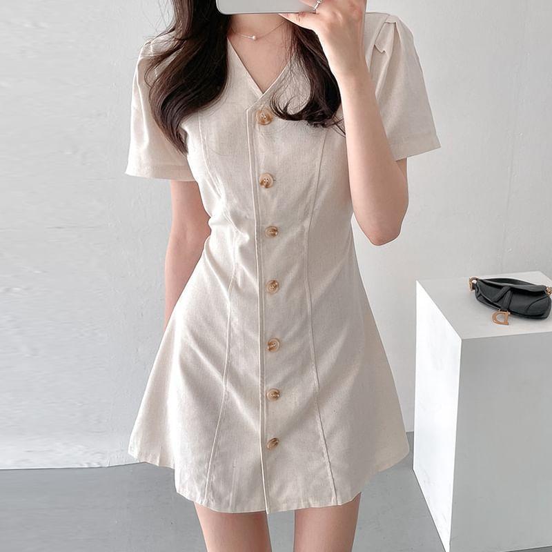 Short-Sleeve V-Neck Plain Button Mini A-Line Dress Product Image