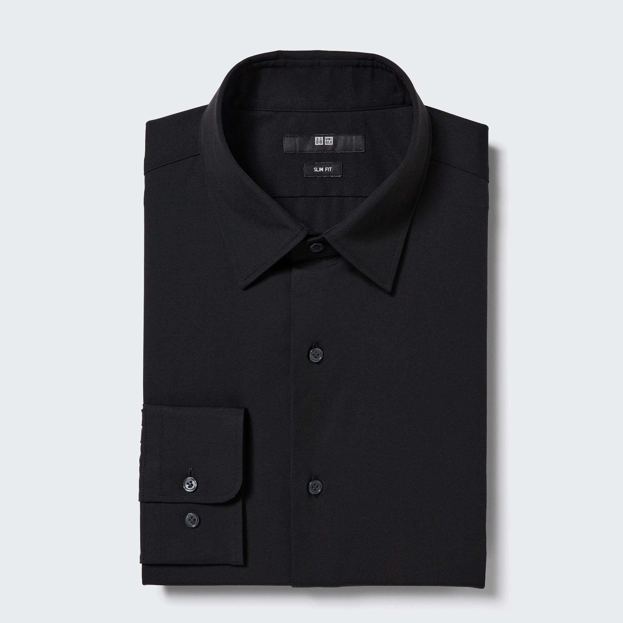 Mens Easy Care Stretch Slim-Fit Shirt with Shape-Retaining Black XL UNIQLO US Product Image