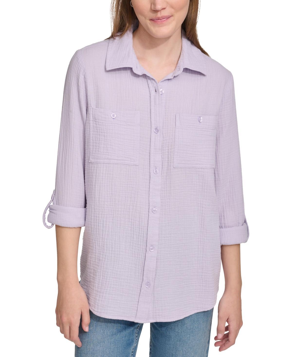 Calvin Klein Jeans Womens Double-Crepe Button-Down Roll-Tab-Sleeve Shirt Product Image