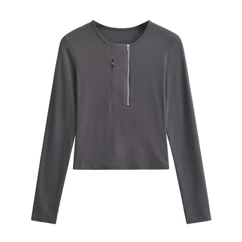 Long Sleeve Round Neck Plain Half Zip T-Shirt Product Image