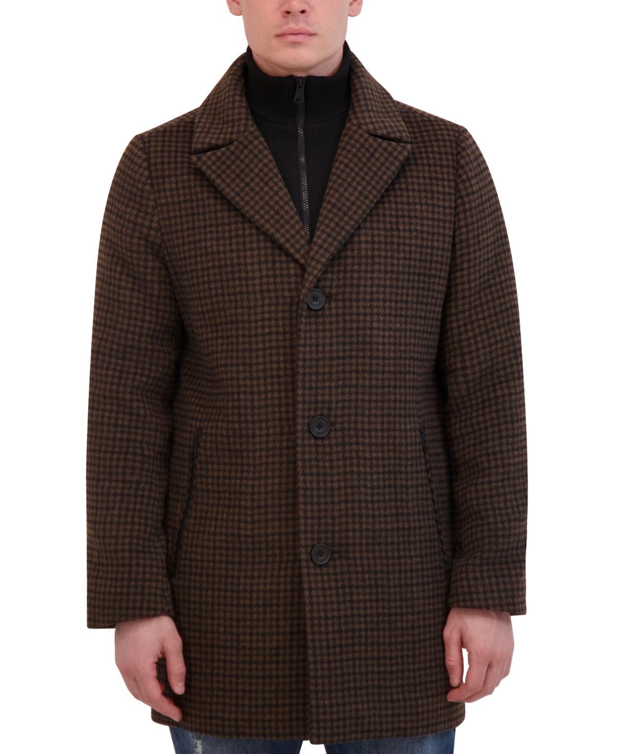 Kenneth Cole Mens Brush Houndstooth Textured Topcoat with Removable Bib - Brown Product Image