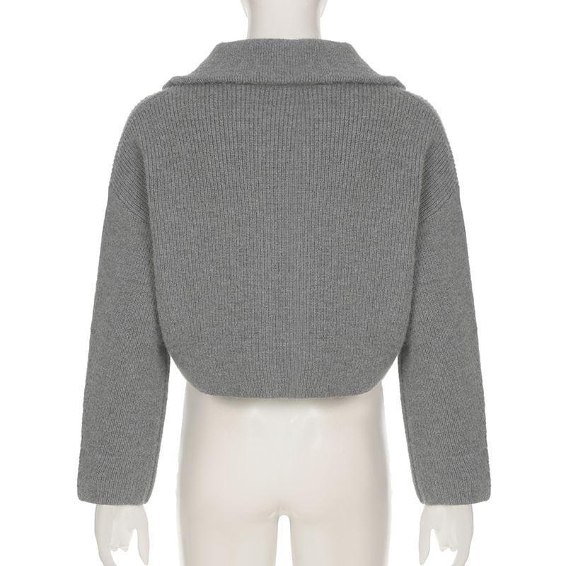 Stand Collar Plain Ribbed Knit Zip Up Cropped Cardigan Product Image