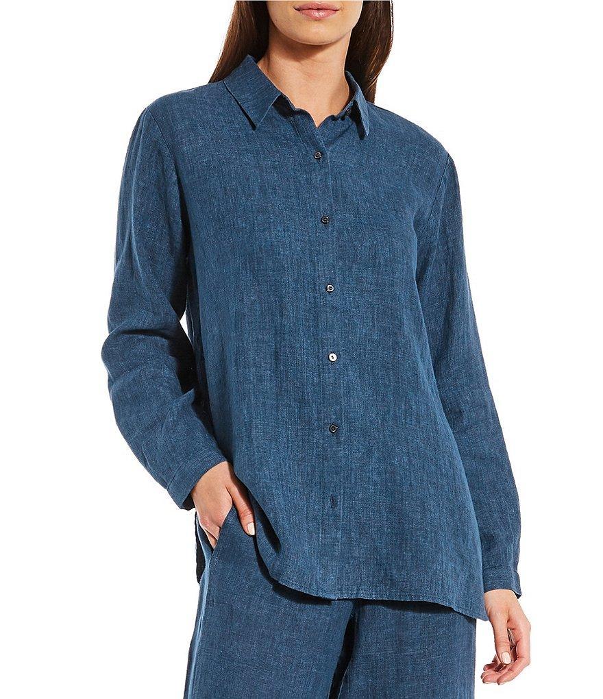 Eileen Fisher Petite Size Delave Organic Linen Point Collar Long Sleeve Button-Front Classic Shirt Product Image