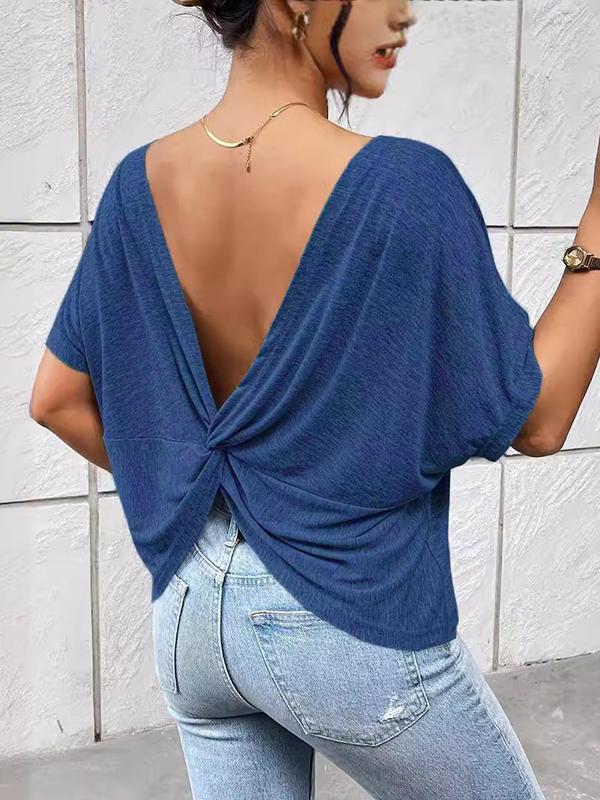 Batwing Sleeves Loose Backless Pleated Solid Color Split-Joint Round-Neck T-Shirts Tops Product Image