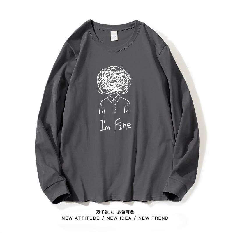 Long-Sleeve Round Neck Chinese Character Print Tee Product Image