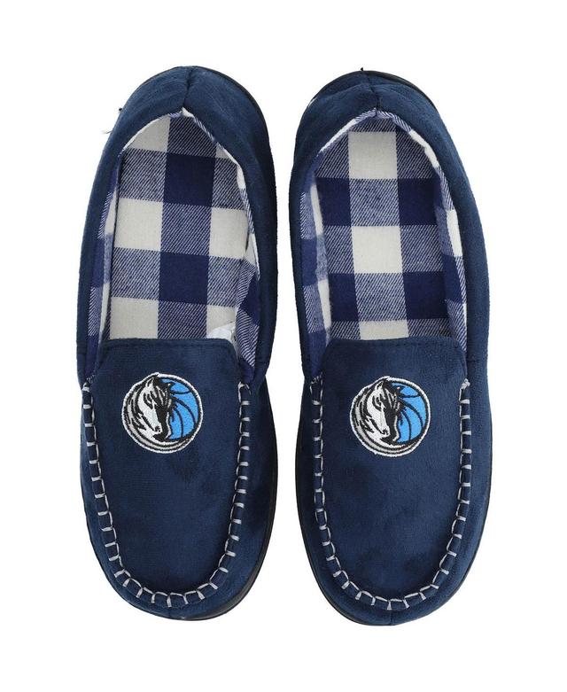 Mens FOCO Dallas Mavericks Team Logo Flannel Moccasin Slippers Blue Product Image