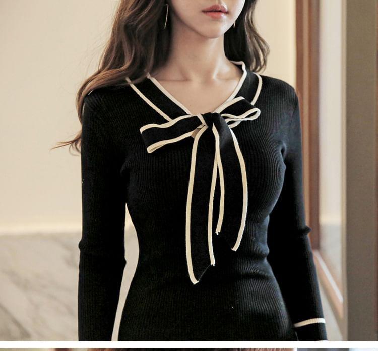 Long-Sleeve Ribbon Neck Plain Knit Mini Bodycon Dress Product Image